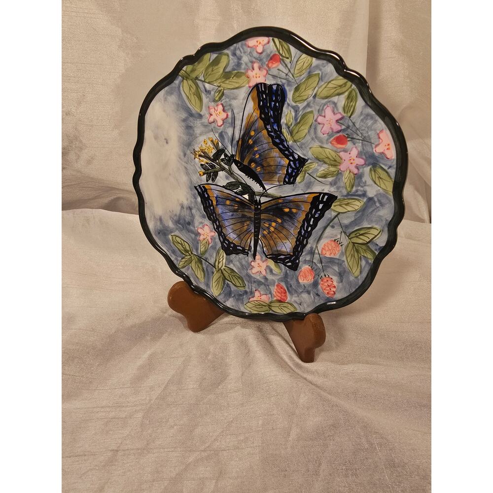 Hand-Painted Stoneware Plate: Butterfly, Floral Windowsill Design 7"